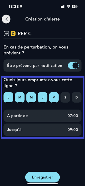visuel d'une capture écran du paramétrage de l'alerte en Ile de France